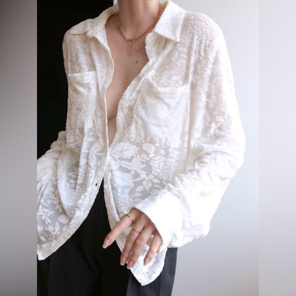 NWT REVOLVE & LUXURY lovers COMMENSE white velvet cutout semi sheer blouse XS